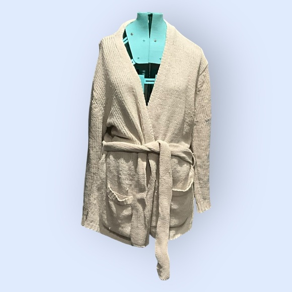 Plush Chenille Knit Belted Cardigan Sweater Jacket Beige Cream L/XL - Picture 1 of 13